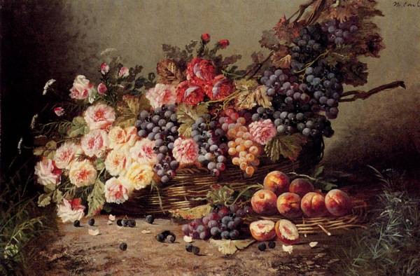 Carlier Max Still Life Of Roses Peaches And Grapes In A Basket